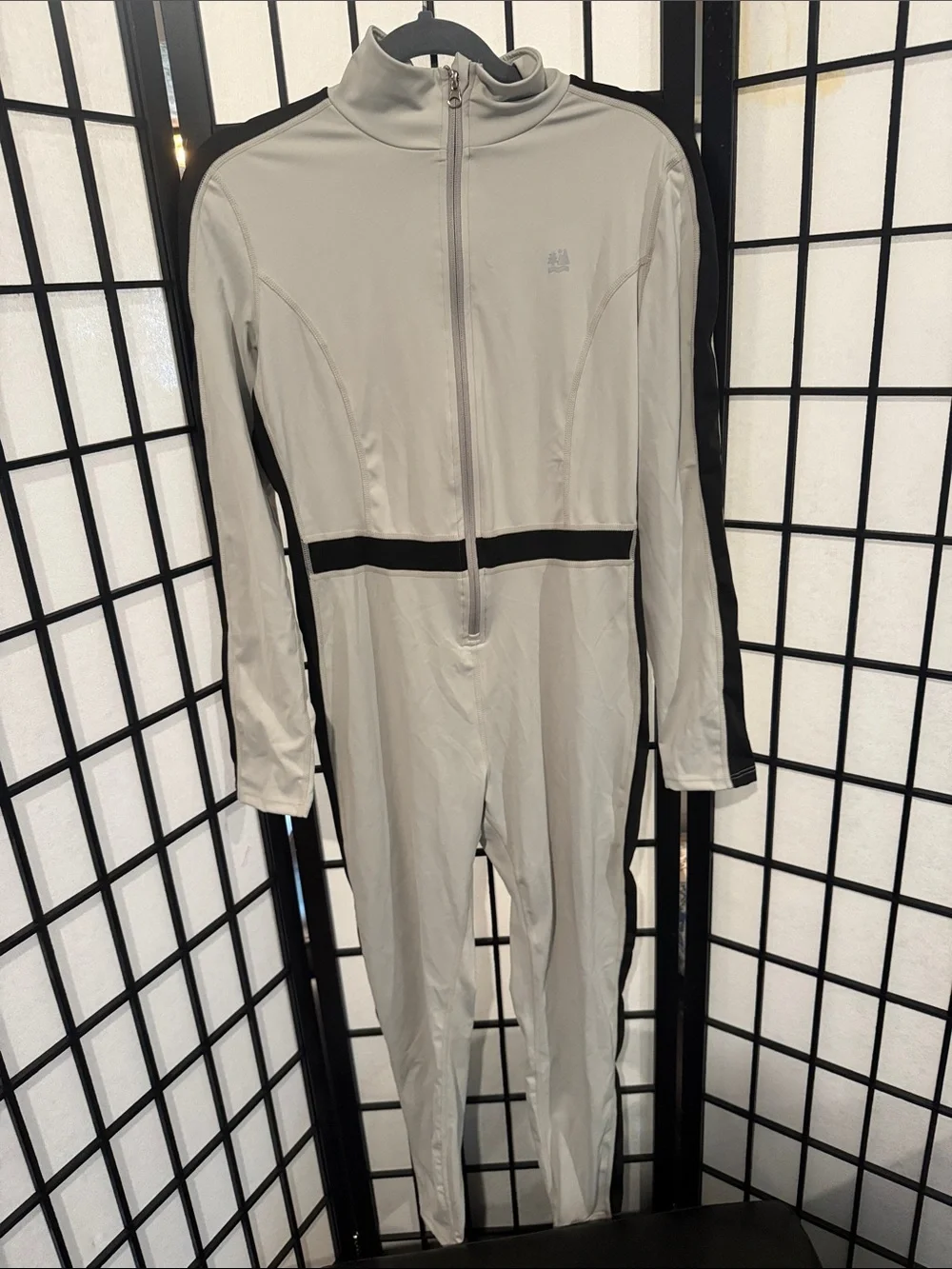 Women's Light Gray Long-Sleeve Jumpsuit with Black Trim